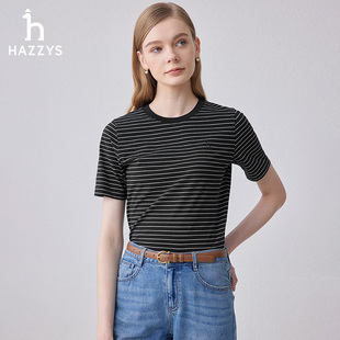 商场同款hazzys哈吉斯(哈吉斯)圆领细条纹，短袖t恤女夏季休闲体恤
