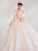 主婚纱2023新娘一字肩宫廷风高级质感显瘦大拖尾长袖冬季婚纱