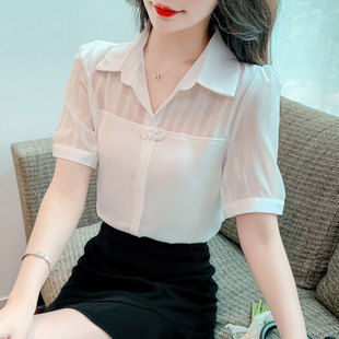 短袖雪纺衬衫女2024韩版夏季纯色宽松设计感漂亮小衫衬衣上衣