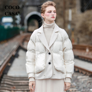 原创设计鹅绒羽绒服女短款西装，领2022冬季欧洲站品牌欧货外套
