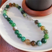 14mm天然色彩斑斓绿玉髓项链孔雀玛瑙圆珠链复古绿色石头串珠