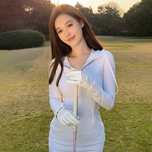 韩版高尔夫服装女白色长袖上衣连帽外套秋冬薄款速干运动短裙套装