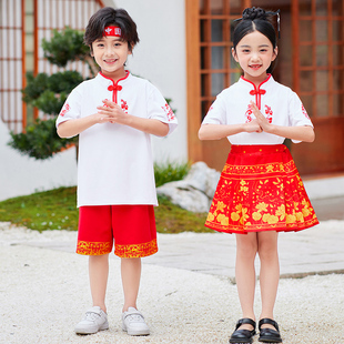 六一儿童演出服男童唐装马面裙中国风，中式汉服女童服装夏表演(夏表演)套装