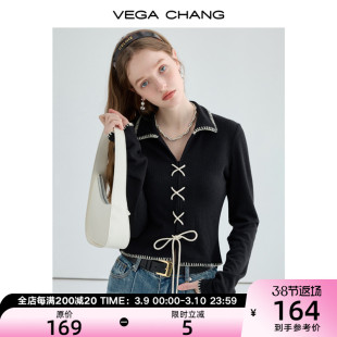 vegachang黑色显瘦针织衫女2023年春装polo领绑带开衫上衣