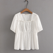2023夏装韩版白色娃娃衫胖mm设计感方领镂空绣花大码短袖衬衫