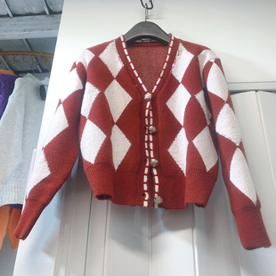 铁锈红格子针织，毛衣开衫短外套