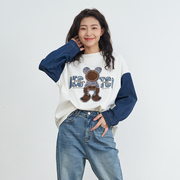 UGIZ23年冬季韩版女装圆领减龄印花拼接牛仔袖T恤卫衣UDTG917