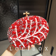 lolibox定制酒红水钻珍珠手工，镶钻手拿包女小包，斜跨晚宴会礼服包