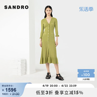SANDROOutlet春秋女装薄荷曼波绿色收腰针织连衣裙长裙SFPRO02997
