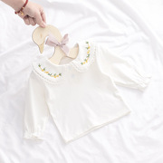 女童打底衫纯棉新生婴儿，t恤长袖女童衬衣公主，白色绣花翻领娃娃衫