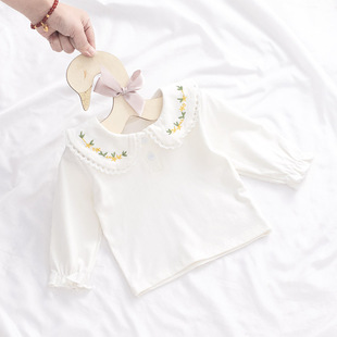 女童打底衫纯棉新生婴儿t恤长袖宝宝，衬衣公主白色绣花翻领娃娃衫