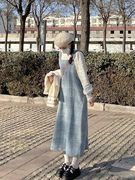 秋冬连衣裙湖蓝绿毛呢格子口袋，长款背带裙秋装，搭配一整套韩版