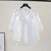 纯棉白色衬衫女夏季薄款2024年宽松镂空设计感小众七分袖上衣