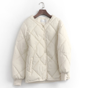 x668纯色绗缝圆领，单排扣外套冬季2023长袖百搭减龄女棉衣棉服