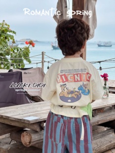 luckikids韩国童装，春季男童卡通印花短袖t恤红条纹牛仔裤