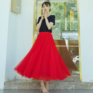 720度三层网纱大裙摆半身裙，女百褶裙红色，纱裙高腰显瘦仙女裙