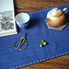 深蓝色土布 双面手工刺绣手织布条纹长茶席巾 棉麻布艺桌垫干泡垫
