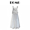 白色两件套裙子蕾丝花边小飞袖上衣高腰A字裙半身裙休闲时尚套装