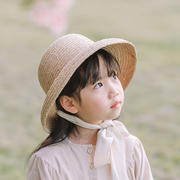 儿童草帽夏拉菲(夏拉菲)草帽法式复古遮阳帽，百搭赫本风甜美绑带出游