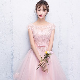 晚礼服女短款2023宴会，时尚修身粉色伴娘，服蓬蓬裙公主甜美韩式