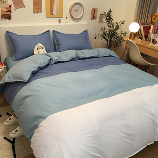 蓝色大气条纹款地中海风格，学生宿舍四件套简约床单被套床品三件套