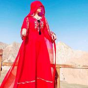 西藏沙漠旅游红色民族风披肩，开衫女防晒外套雪纺长袖沙滩上衣