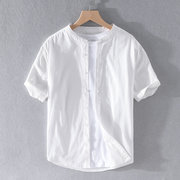 白色纯棉立领短袖衬衫，男士休闲圆领水洗打底修身牛津纺衬衣男寸潮