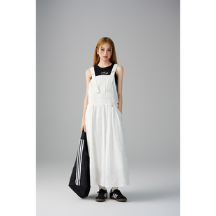 ablueberry 夏季白色重工蕾丝设计连衣裙中长款高腰宽松背带裙