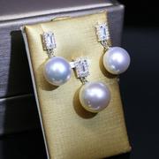 s925纯银珍珠吊坠耳环套装，配件空托diy项坠耳钉，微镶长方形锆石女
