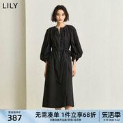 lily2024春女装宽松圆领黑色气质，连衣裙长款灯笼袖长裙小黑裙