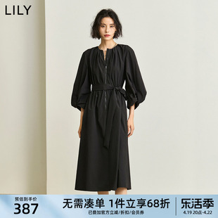 lily2024春女装宽松圆领黑色气质，连衣裙长款灯笼，袖长裙小黑裙