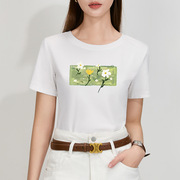 卡通花卉印花短袖白色，t恤春夏季女装，棉弹力打底气质收腰上衣