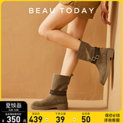 beautoday中筒靴女2023bt真皮，粗跟骑士靴时尚棕色复古女靴