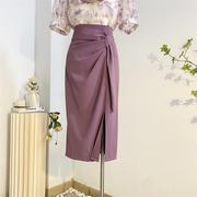 紫色开叉半身裙女夏中长款设计感小众显瘦包臀裙纯色气质西装长裙