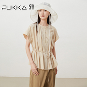 蒲PUKKA原创设计女装夏季新中式宽松小圆领短袖衬衫