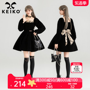 keiko法式黑色丝绒连衣裙，2024春季赫本千金风收腰显瘦蓬蓬公主裙