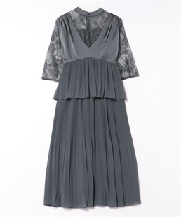 日本高端2024春圆领蕾丝七分袖，a字裙外贸，原单层叠雪纺背心连衣裙