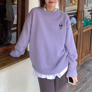 温柔风淡紫色毛衣慵懒风设计感小众宽松卡通刺绣香芋紫针织衫外穿