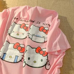 凯蒂猫短袖卡通女生hellokitty上衣少女，心粉色哈喽kt猫t恤情侣装