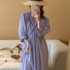 韩国chic夏季优雅香芋紫v领交叉宽松一片式，设计感泡泡袖连衣裙女