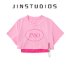 jin自制24夏设计(夏设计)感个性，背心字母链条，t恤两件套辣妹风超短短袖上衣