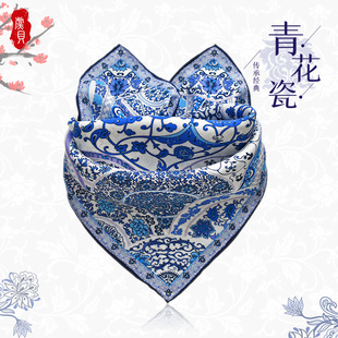 中国风青花瓷真丝丝巾小方巾民族风中式小礼物丝绸围巾礼盒装