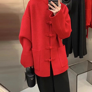 新中式复古国风盘扣红色，羊毛双面呢大衣女，秋冬季宽松立领毛呢外套