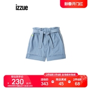 izzue女装牛仔短裤，夏季时尚个性高腰系带，花苞裤6330u