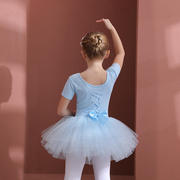 儿童舞蹈服春季长袖女童练功服橘色考级连体幼儿芭蕾舞亮片裙