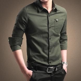 衬衫男士2023秋季男式衬衫长袖纯棉，男装军衬衣青年商务韩版修身潮