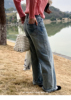 97selboutique春季复古高腰，系带设计显瘦直筒浅蓝色牛仔裤女