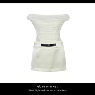 ebay孔雪儿同款上流社会高端高级感收腰一字领束腰拼接连衣裙