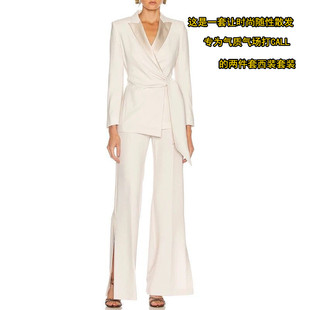 白色长袖系带收腰女士西装套装式，晚礼服正装套装女职场气质女王范