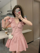 Veee初夏甜茶 粉色显瘦V领泡泡袖设计感褶皱辣妹短款法式连衣裙